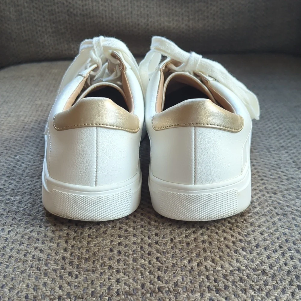 White Lace-Up LOFT Sneakers with Champagne Accents, Sz 9 - Picture 2 of 7